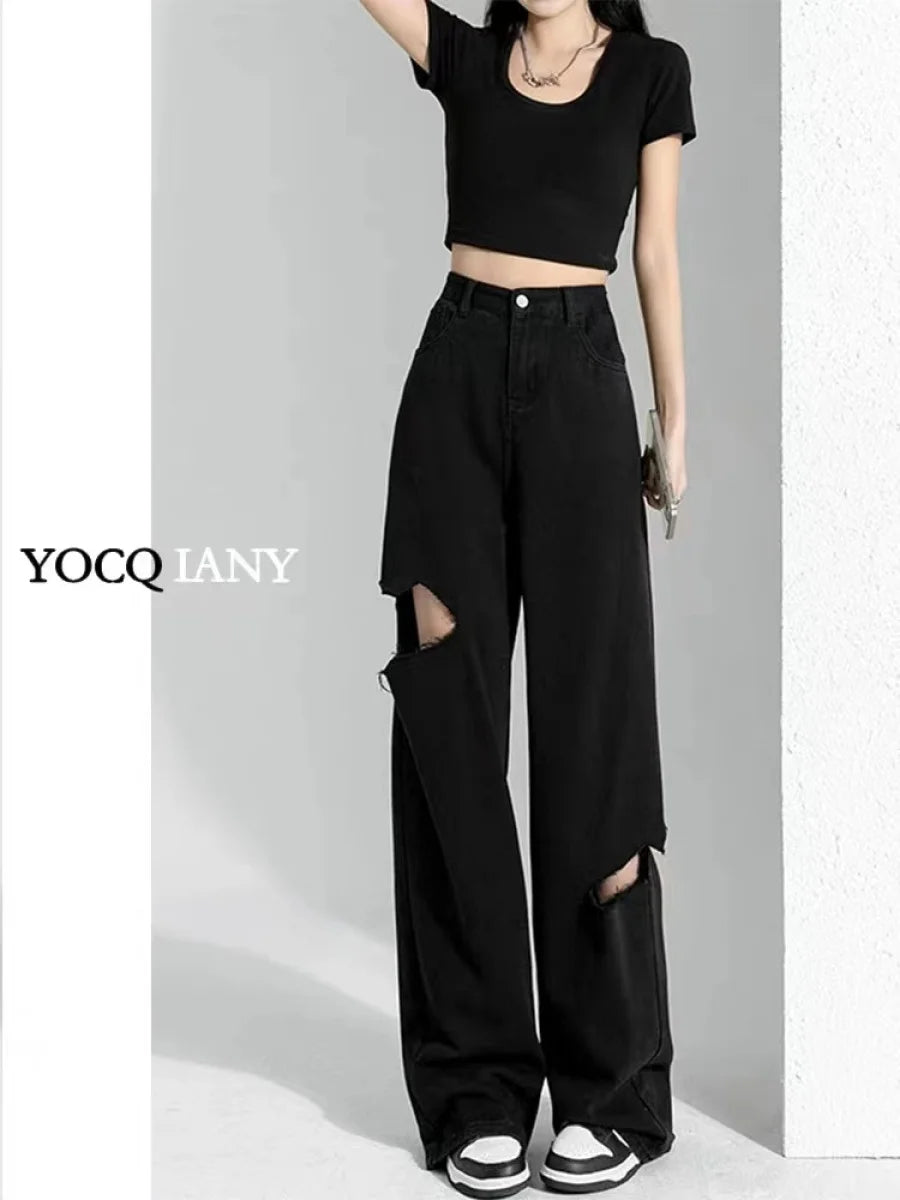 Black Ripped Jeans Women Summer New Straight Y2k Jeans Korean Fashion Women Pants High Waist Wide Demin Pant