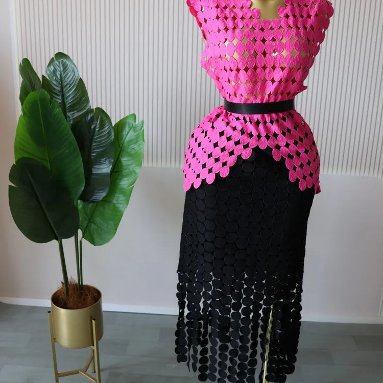 CM.YAYA Women Cutout O-neck Crop Top and Bodycon Midi Slim Maxi Long Skirt Suit 2025 Summer Vacation Sexy Two 2Piece Set Outfits Rose red-black-belt One Size