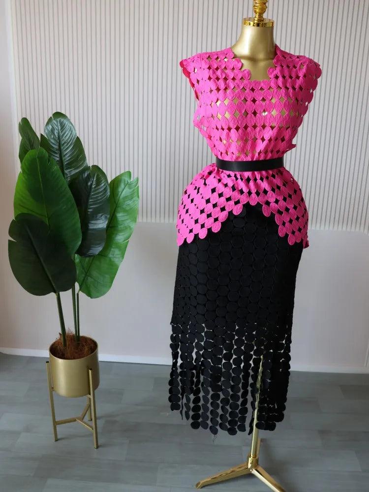 CM.YAYA Women Cutout O-neck Crop Top and Bodycon Midi Slim Maxi Long Skirt Suit 2025 Summer Vacation Sexy Two 2Piece Set Outfits Rose red-black-belt One Size