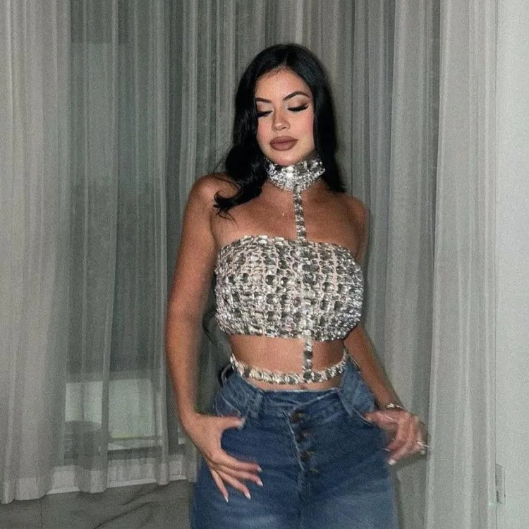 Ready To Ship Bandage Women Sexy Halter Big Crystal Bodycon Tops Celebrity Fashion Red Carpet Nightclub Party Wear Hot Sale