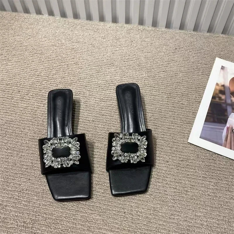 Elegant S Slippers Women's Open Toe Flat Heel Slip-on Muller Shoes Crystal Slippers Brand Rhinestone Square Buckle Sandals Mujer black