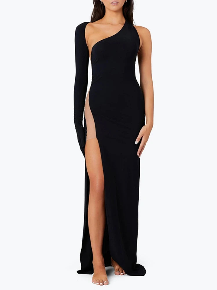 High Split Black Long Dress For Women Clothing Slim Sexy Streetwear One Shoulder Long Sleeve Vestidos De Mujer Autumn Outfits