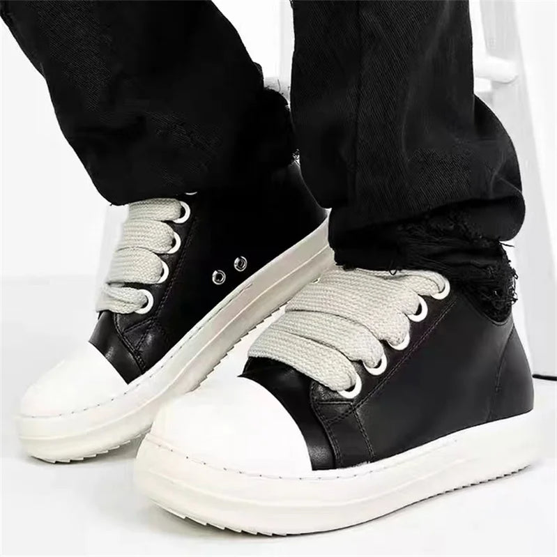 Men's Women Platform Sneakers Black Leather Zipper Lace Up Casual Shoes Thick Bottom Sneakers Large Size Chaussure Femme 2025