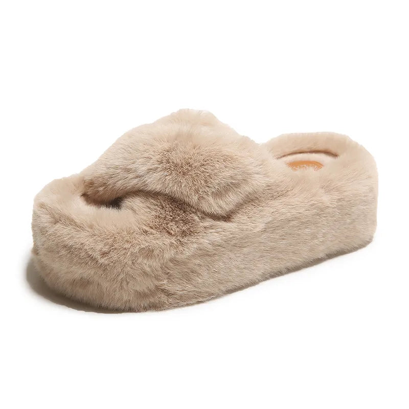 Chunky Platform Fur Slippers Women Winter Thick Bottom Furry Outdoor Slippers Woman Plus Size 42 Short Plush Designer Shoes nai cha