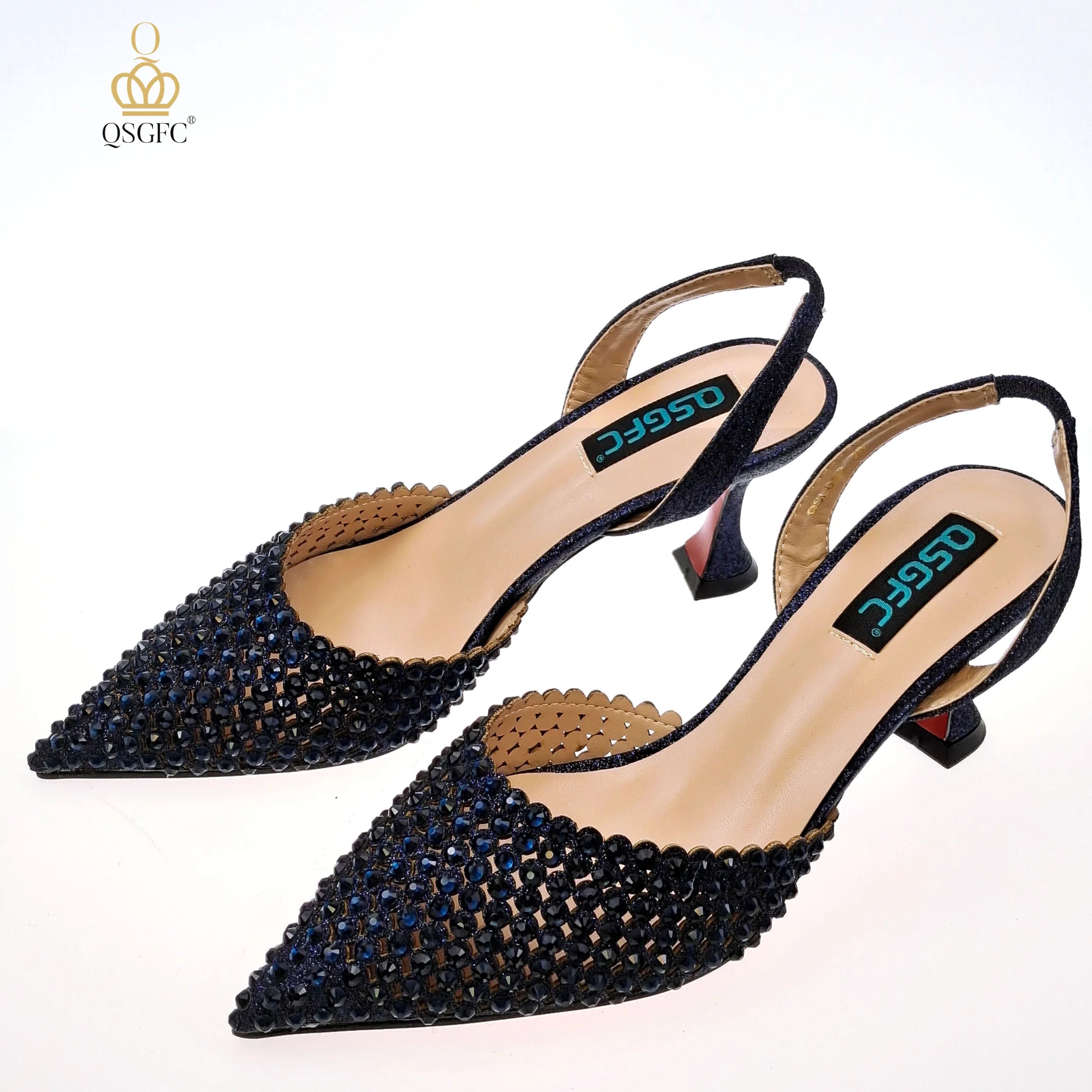 Italian Design Women Hollowed Out Embroidery Colorful Rhinestones Rainbow Color Women's Shoes and Party Wedding Bags Set ONLY SHOES N.BLUE