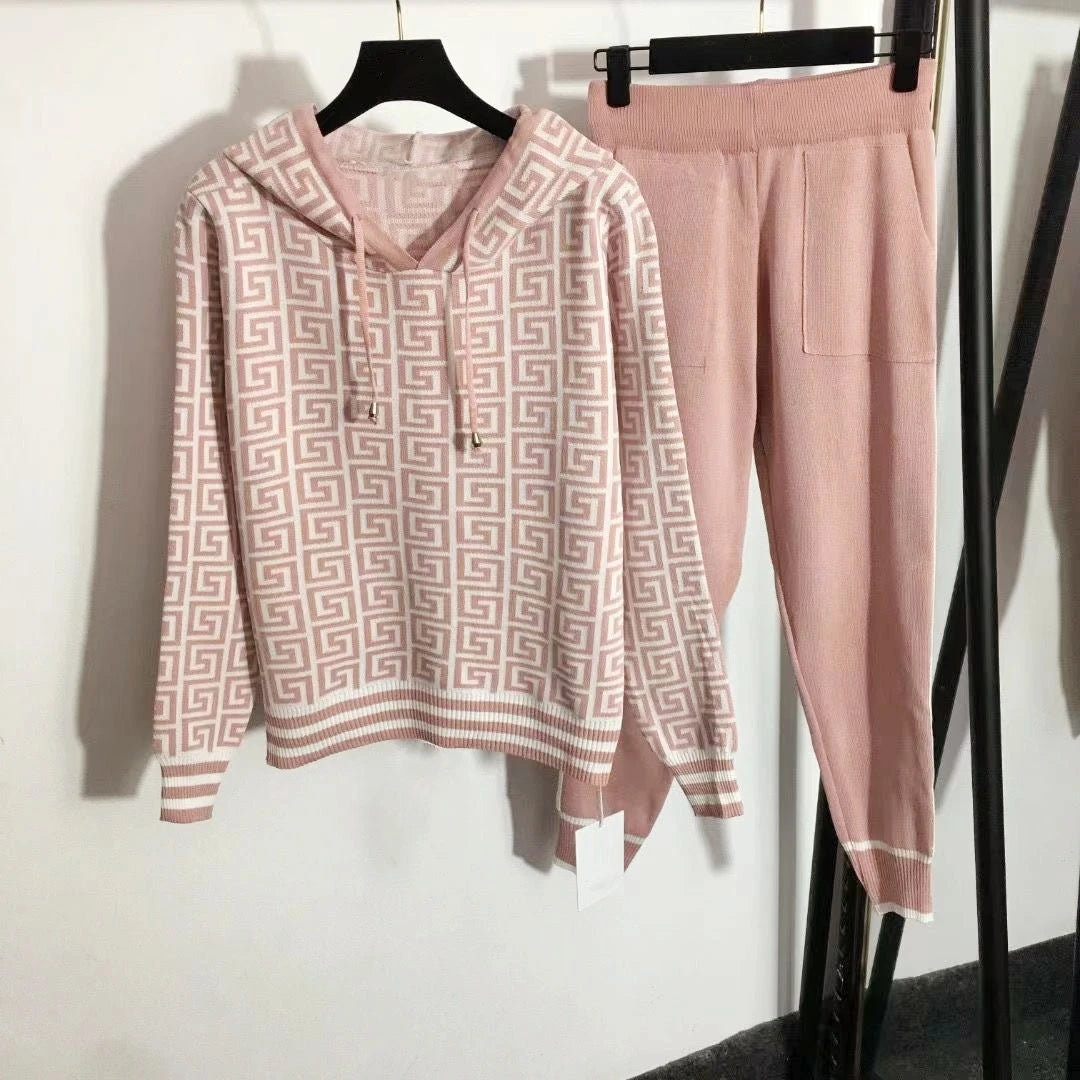 Knitted Hooded Sweater Hoodies Set For Women Autumn Winter Luxury Brand Designer Stitch Knitwear Pullover Tops Clothes pink set