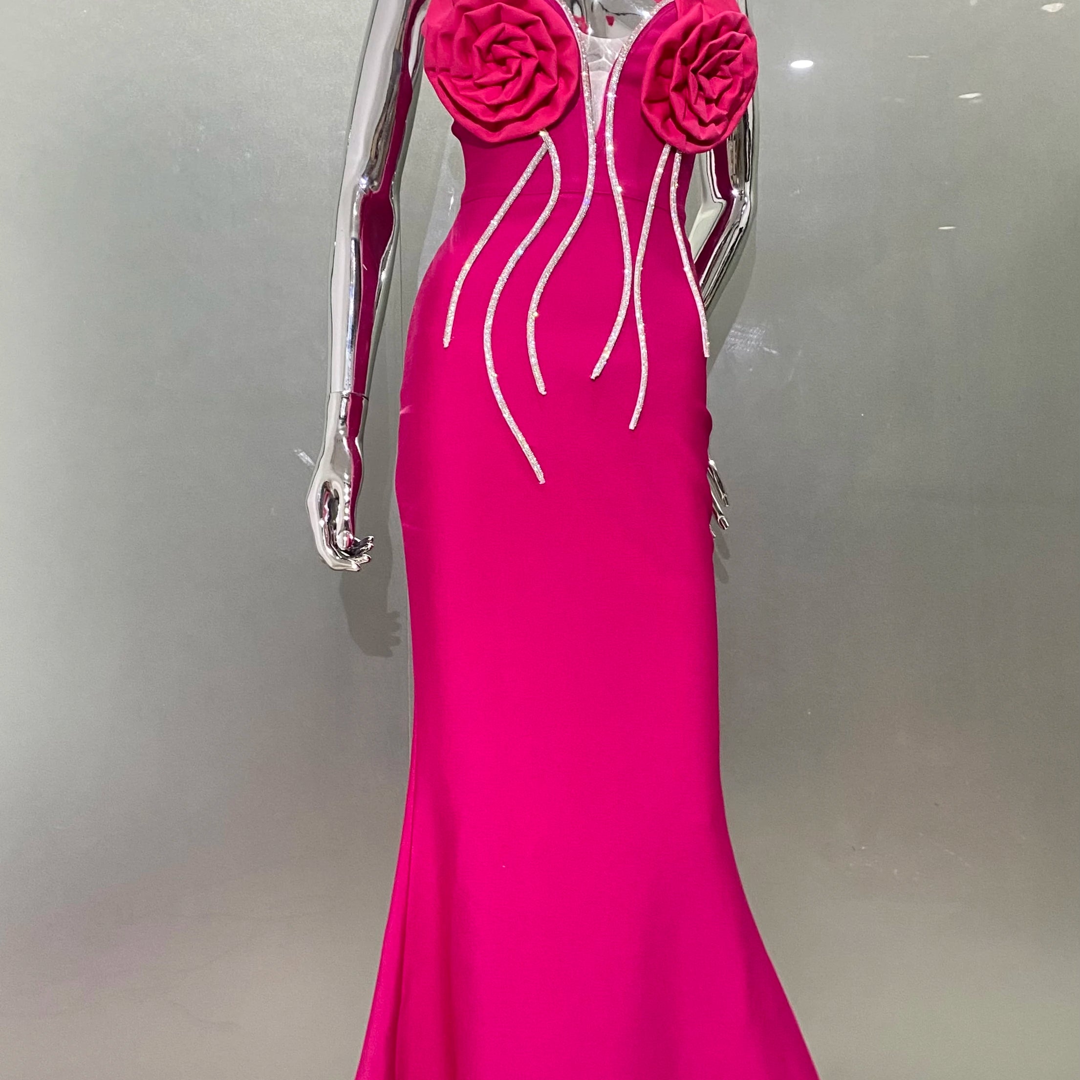 Rosered Color Women Sexy Strapless Florals Bodycon Long Bandage Dress Fashion Celebrate Nightclub Party Birthday Dress