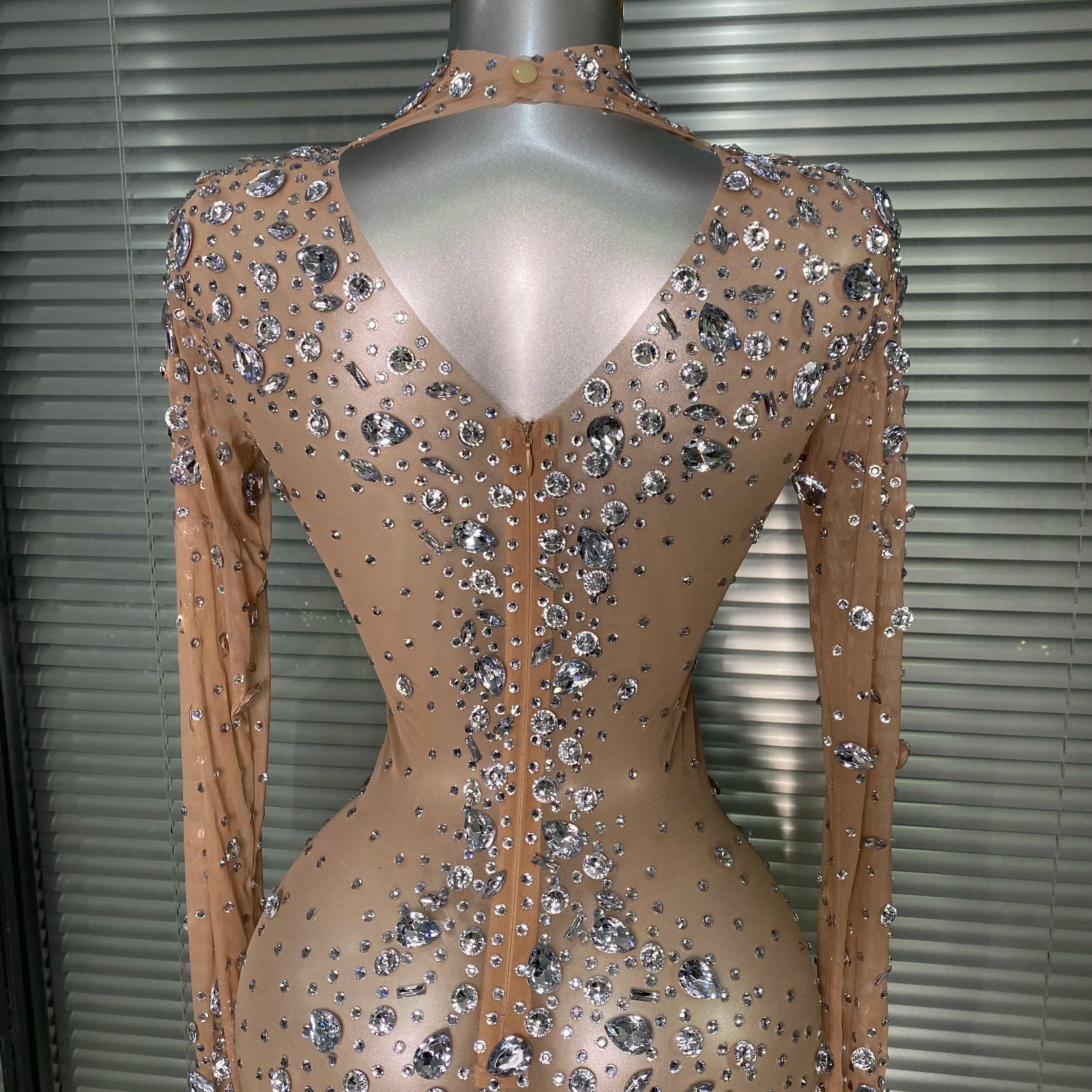 New Women Sexy Long Sleeve See Through Crystal Diamonds Maxi Dress Birthday Party Costume Bar Skin Singer Stage Costume