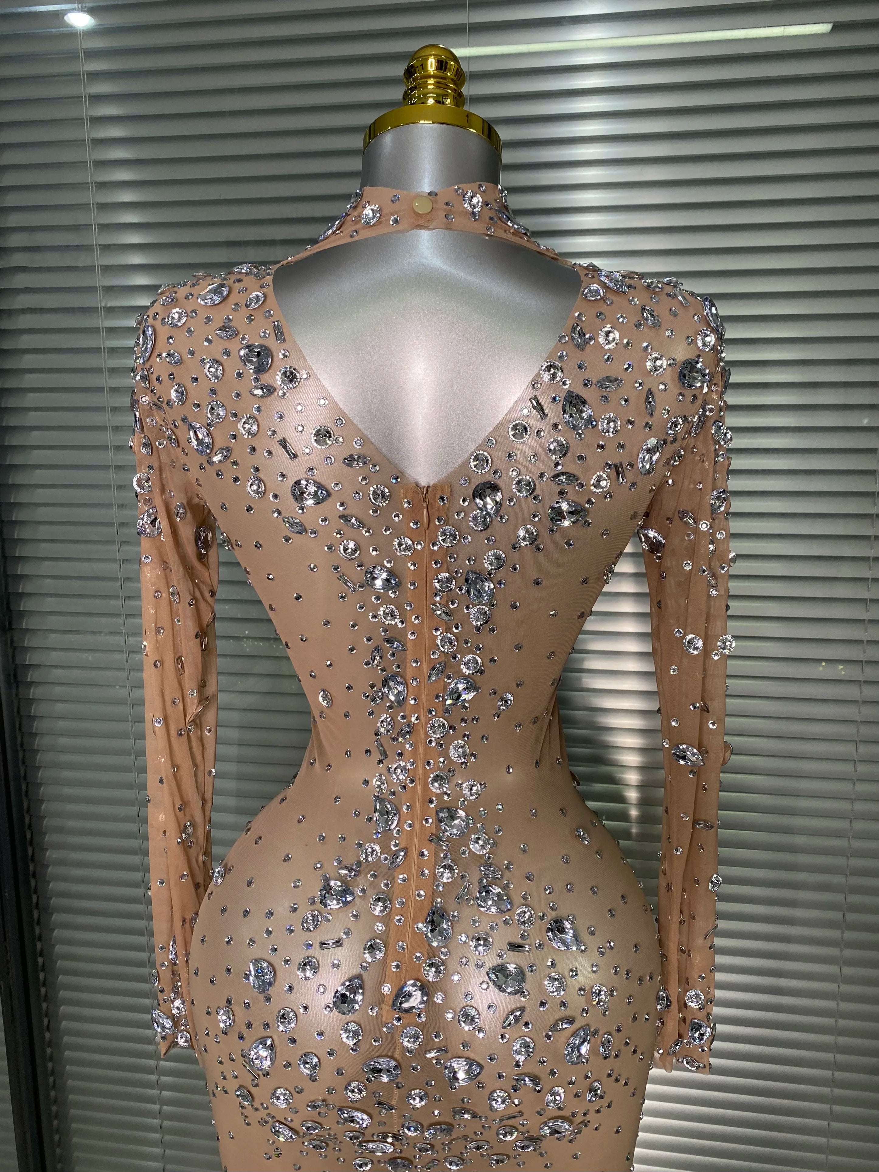New Women Sexy Long Sleeve See Through Crystal Diamonds Maxi Dress Birthday Party Costume Bar Skin Singer Stage Costume