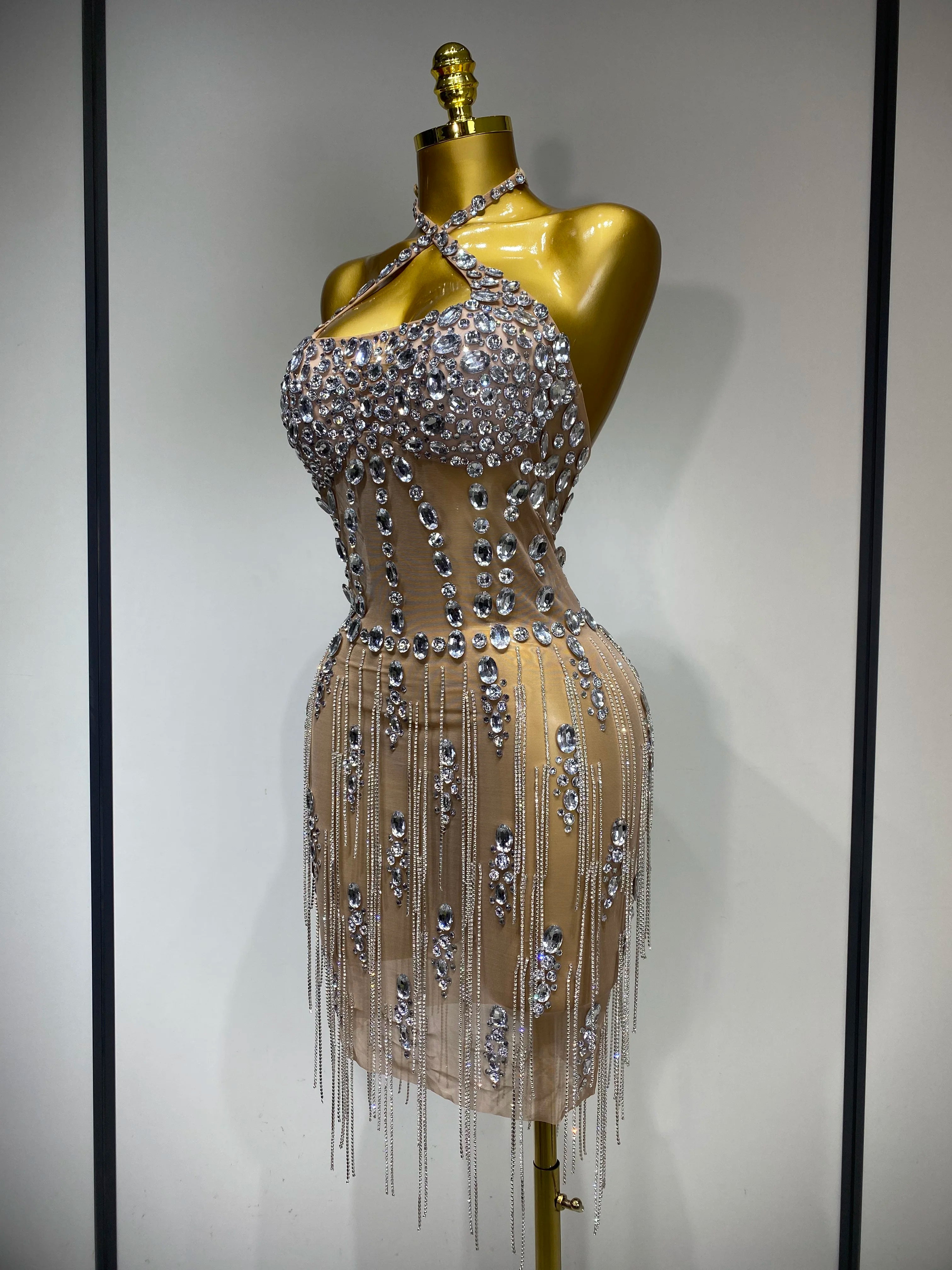 Luxury Rhinestone Evening Party Dress Women Sexy Halter See Through Mesh Luxury Birthday Gowns Nightclub Singer Stage Outfit