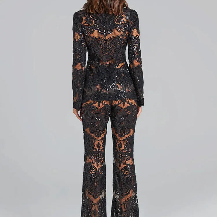 Sexy Autumn Women's Sequin Perspective Suit Pants Set with Polo Collar Long Sleeve Slim Fit Suit Coat+Flare Pants Two Piece Set