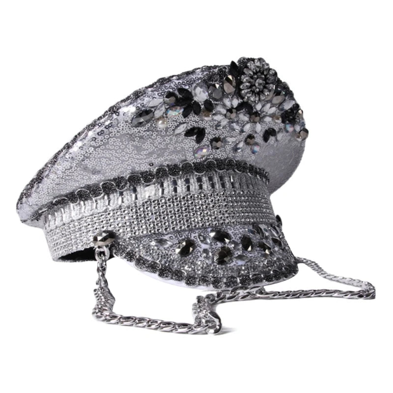 Rhinestones Bridal Hat for Wedding Glittering Fedora Sequin Hat Novelty-Party Hat Holiday Captain Hat for Bridal Shower 56 60cm