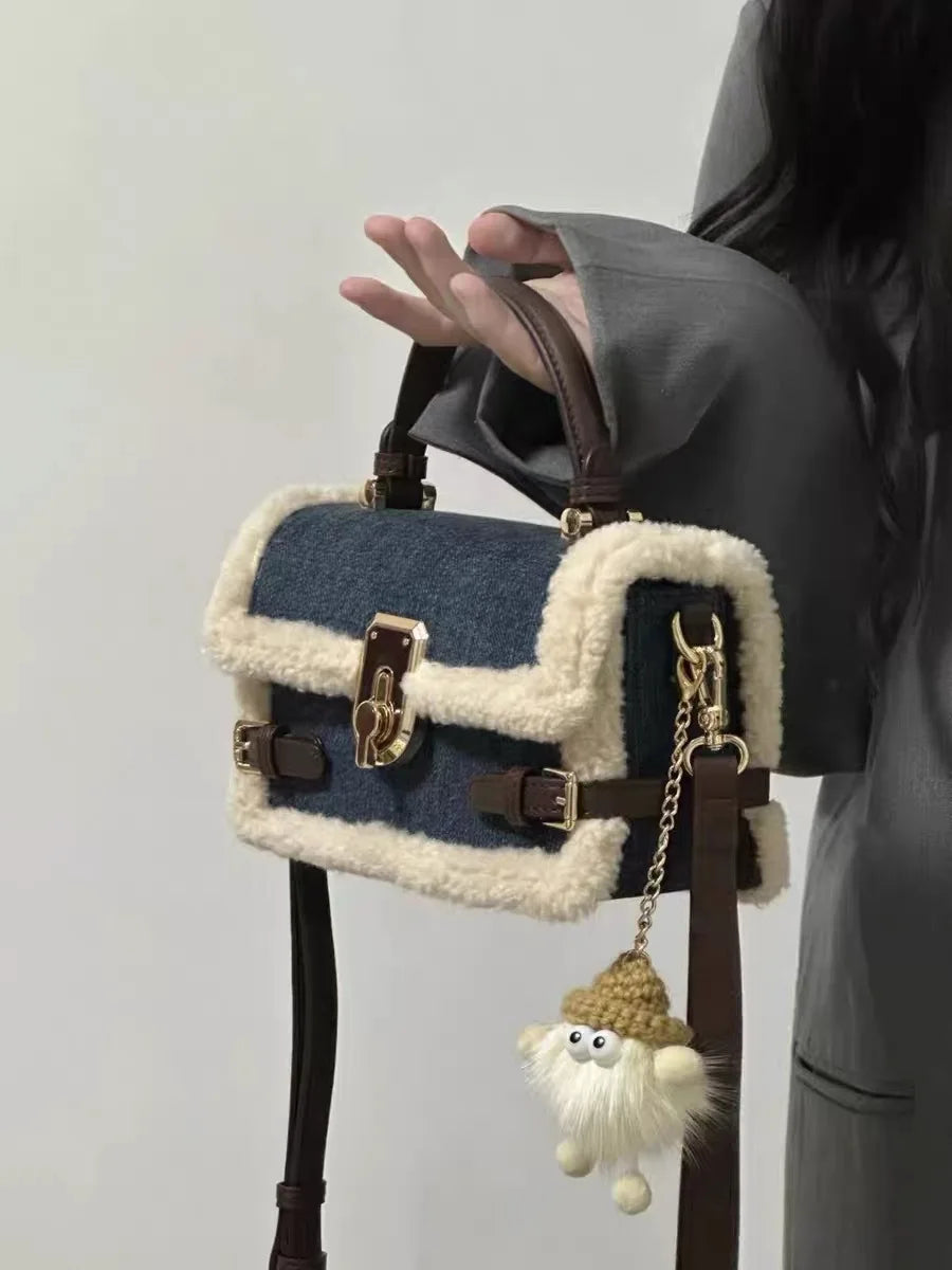 Luxury Women Brand Cashmere and Denim Patchwork Crossbody Bag Retro Flap Messenger Bag