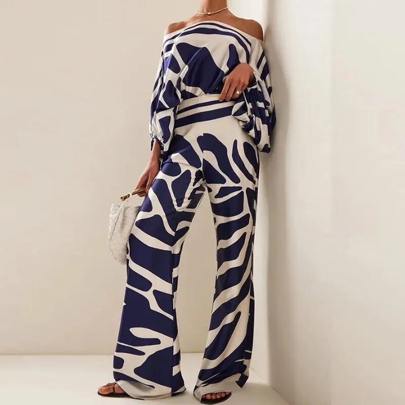 Women Fashion Hollow Off Shoulder Tops With Long Pants Office Lady 2 Piece Sets New Casual Wide Leg Pants Suits Blue-stripe