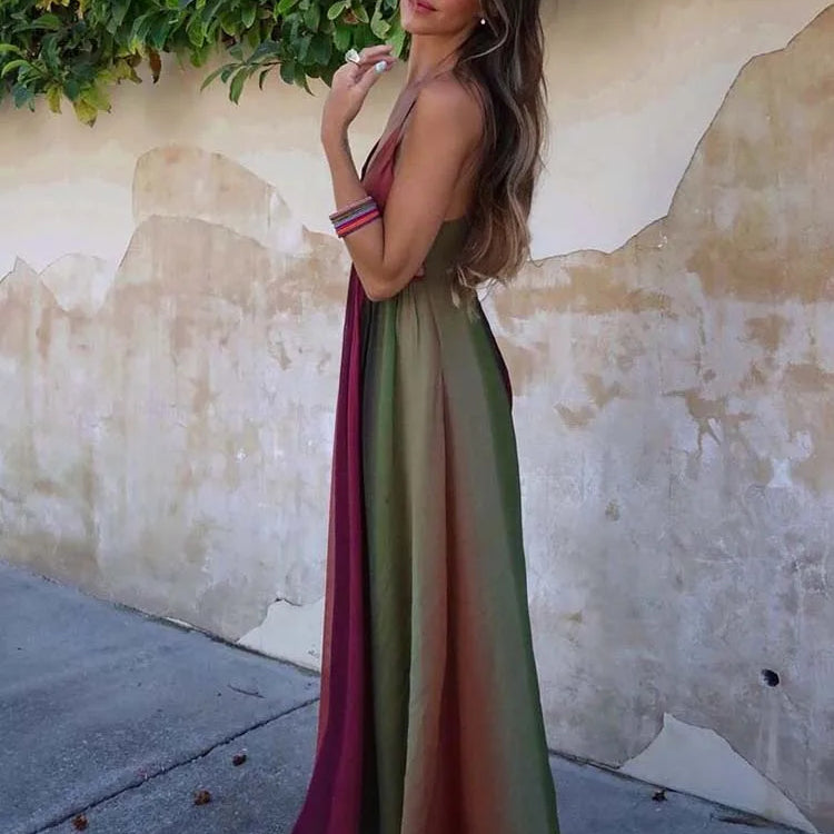 Sexy Backless Slip Long Chiffon Beach Sling Dress For Women Summer Vacation Contrasting V Neck Holiday Beachwear Dresses