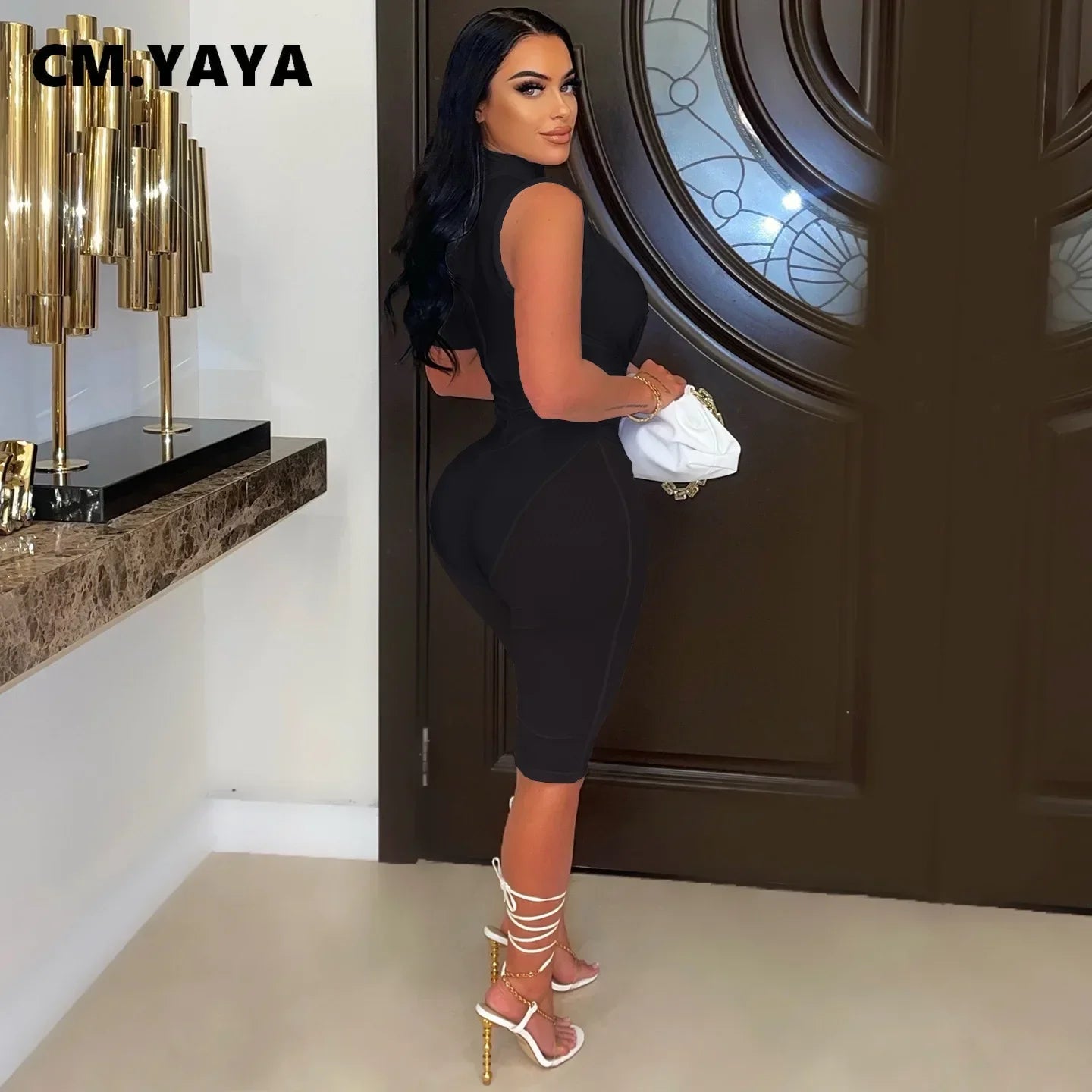 CMYAYA Women 2022 Sexy Party Playsuit Cut Out Mesh Patchwork Tie Waist Stretch Knee Length Jumpsuit Oversized One Piece Set