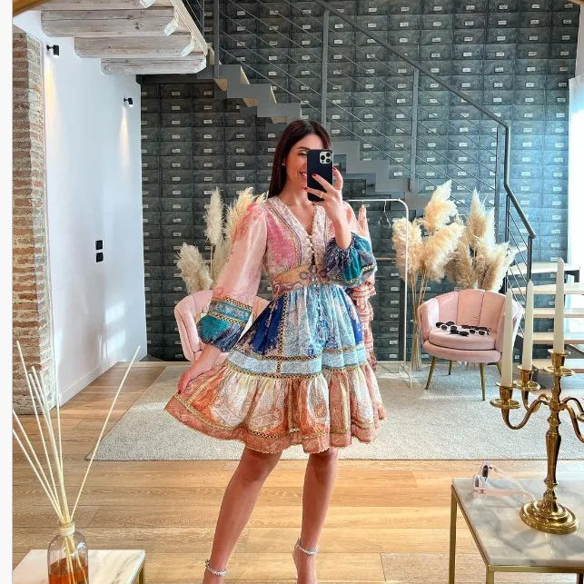 Fashion Puff Sleeve Patchwork Print Midi Dress Women Sexy V Neck High Waist Long Dresses Female Vacation Street Vestidos Picture Color 2