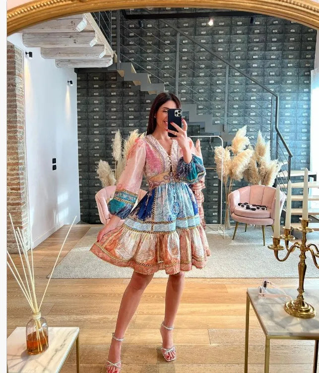 Fashion Puff Sleeve Patchwork Print Midi Dress Women Sexy V Neck High Waist Long Dresses Female Vacation Street Vestidos Picture Color 2