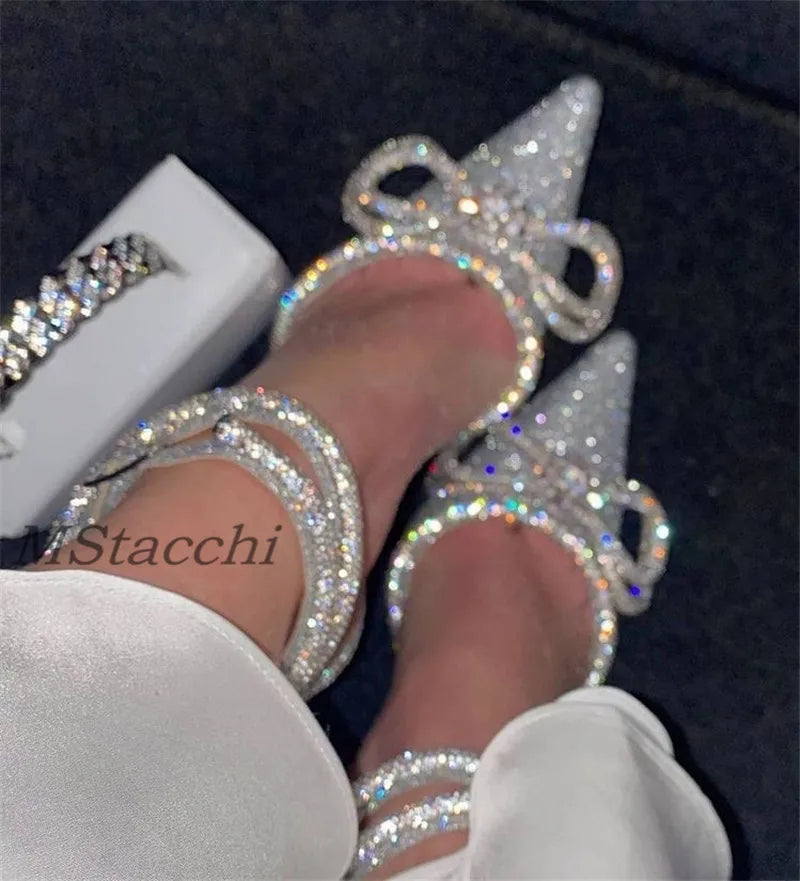 Glitter Rhinestones Women Pumps Crystal Bowknot Satin Sandals 2025 Summer Transparent Shoes High Heels Party Prom Designer Shoes