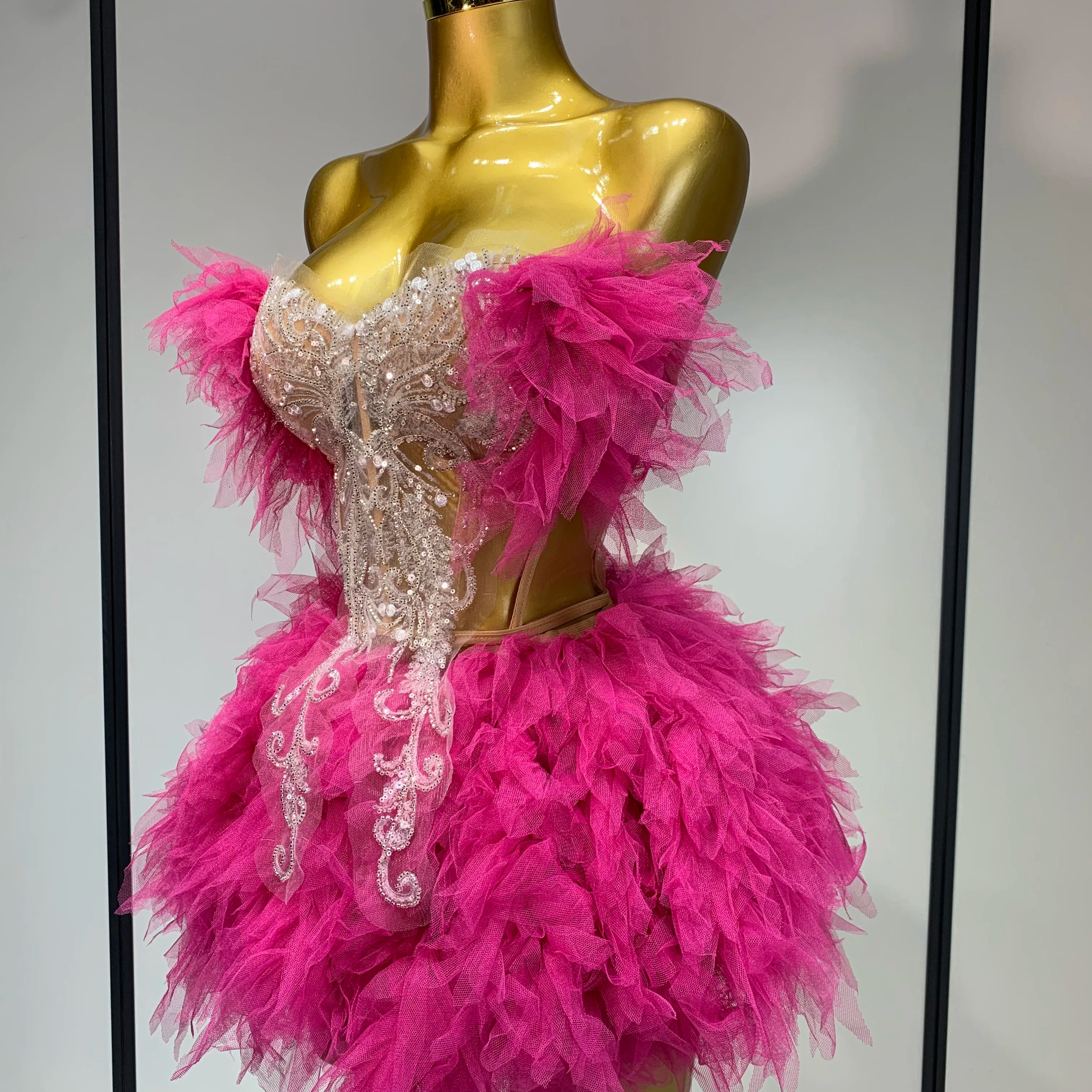 Women Sexy Strapless Mini Two Pieces Set Luxury Birthday Evening Party Dress Bar Nightclub Singer Dancer Stage Outfit