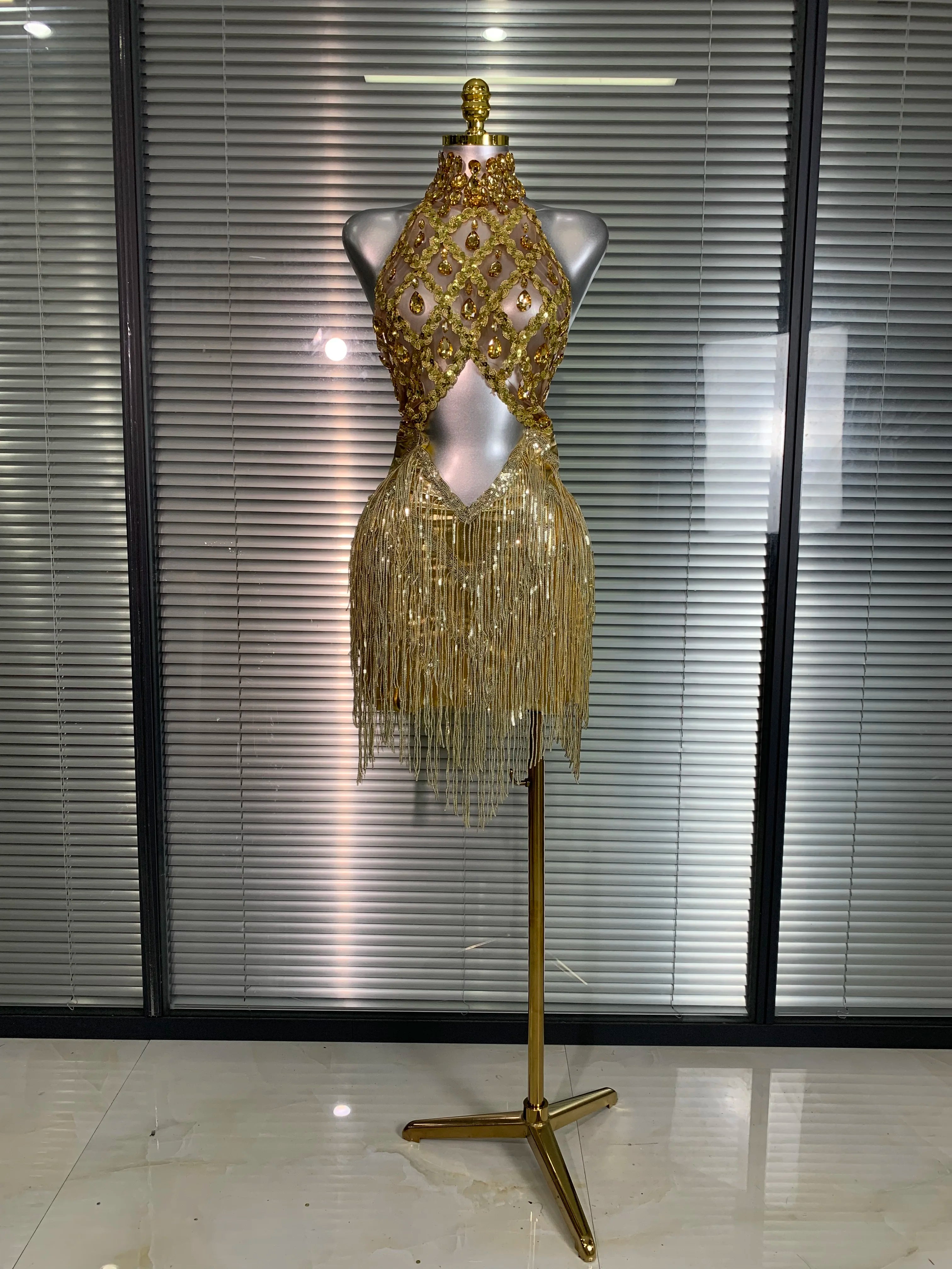 Women Sexy Mesh Tassel Crystal Diamonds Mini Performance Costume Stage Dancer See Through Stretchy Gold Night Club Party Dress