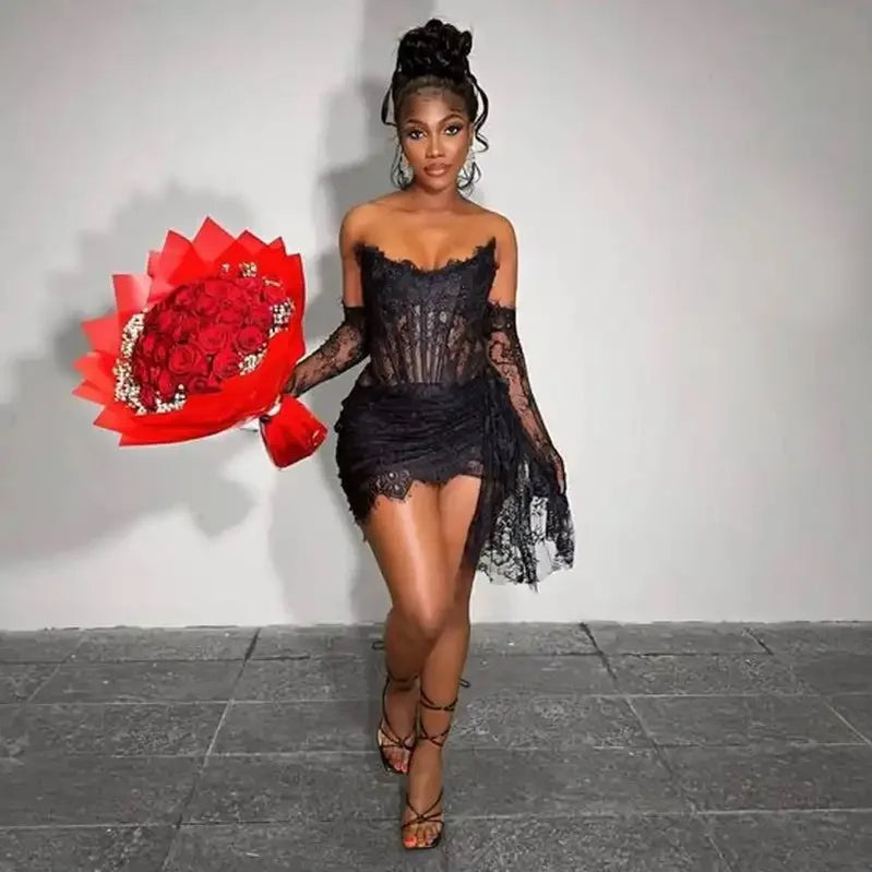 Black Red European Lace Gauze Gauze Wrapped Chest Irregular Mini Skirt