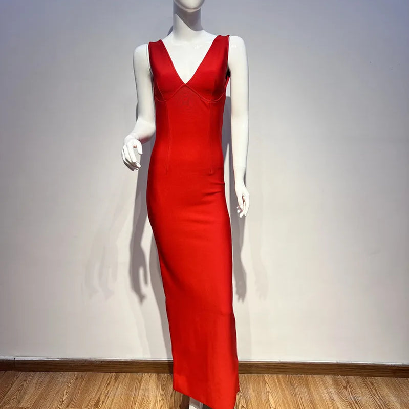 Red Color Women Sleeveless V-Neck Backless Bodycon Long Bandage Dress Celebrate Evening Party Birthday Outfit Vestido