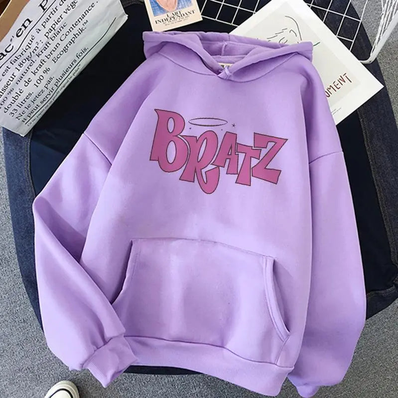 Bratz Letter Printed Plus Size Hooded Sweatshirt Men Women Hoodie Hip Hop Long Sleeve Streetwear Unisex Comfortable Clothes Tops PURPLE