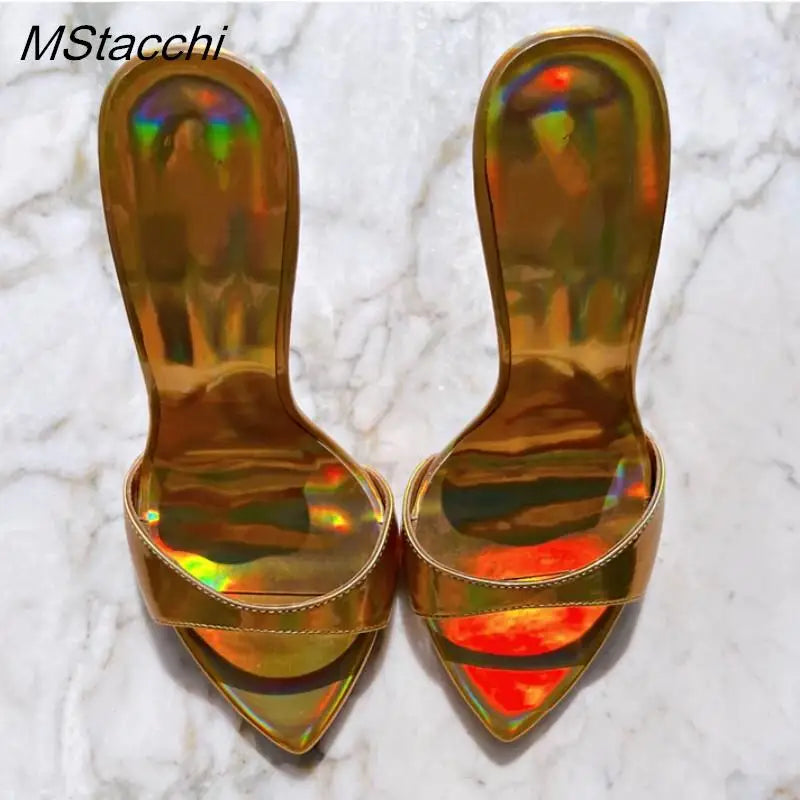 Laser Dazzling Color Sandals For Women Slippers Summer Star Style Very High Heel Shoes Peep Toe Ladies Stiletto Sandals 2025