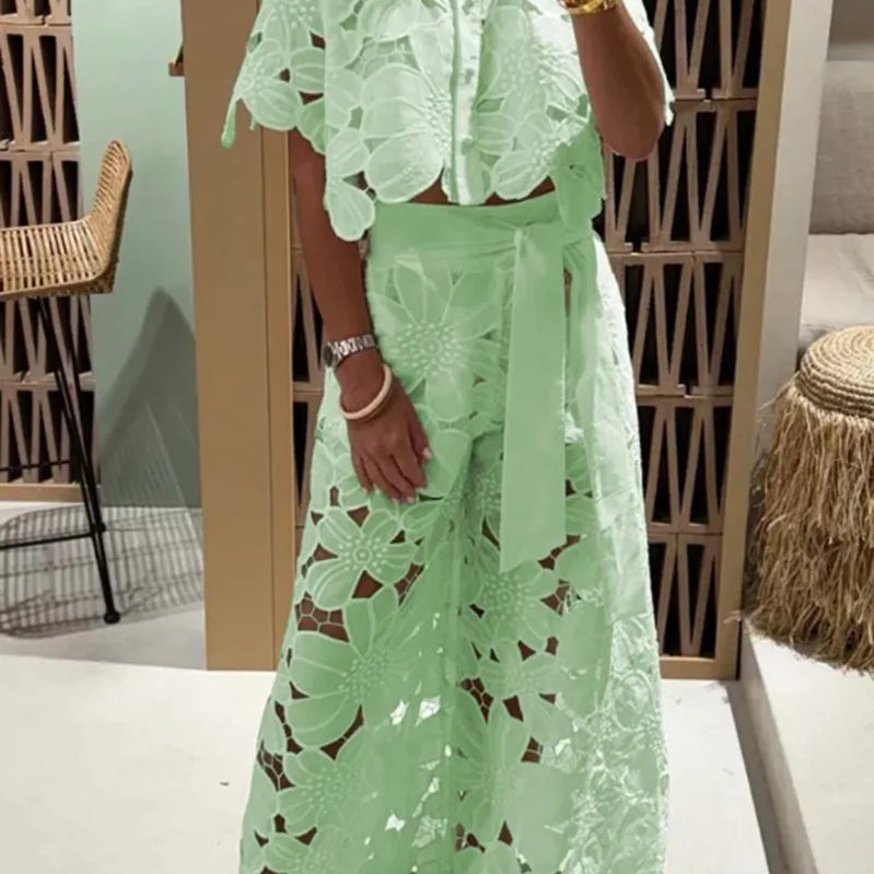 Sexy Lapel Single-breasted Shirt Top + Wide-leg Pants 2-piece Set Women Fashion Solid Color Elegant Casual Hollow Suit Female