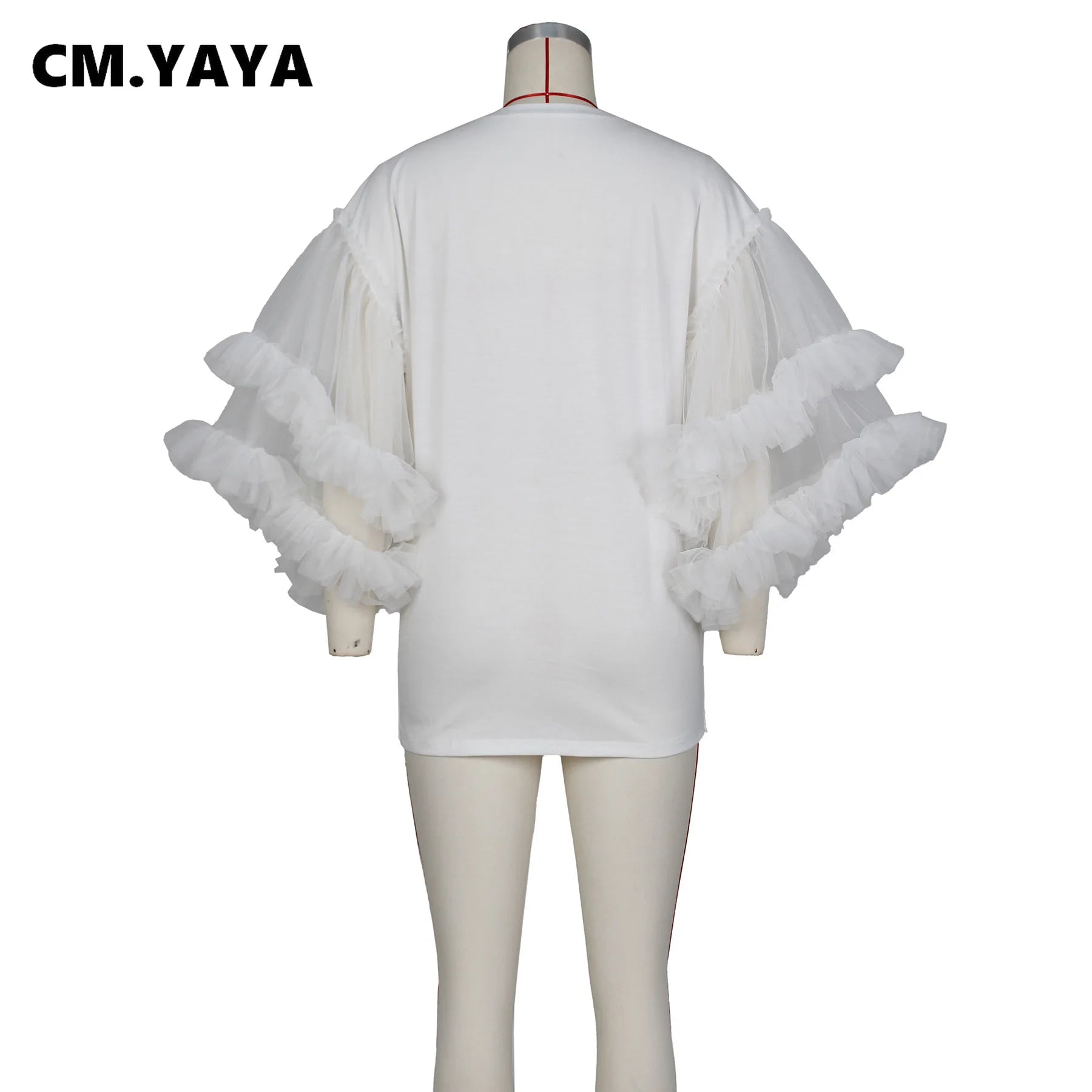 CM.YAYA Women Mesh Ruffles Flare Long Sleeve Patchwork O-neck T-shirt Style Dress 2023 Street Fashion Vestidos Evening Dresses