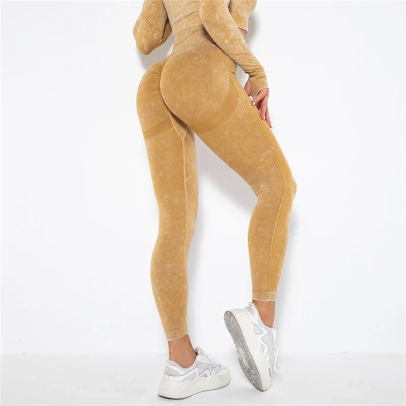 Women Seamless Yoga Set Fitness Sports Suits Gym Clothing Long Sleeve Crop Top Shirts High Waist Running Leggings Workout Pants Yellow 1pc