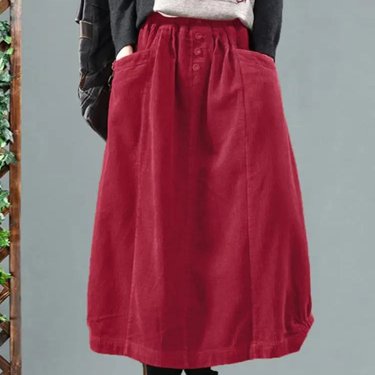 Women Corduroy Skirts Casual Elastic Waist Long Skirt Female Faldas Saia Autumn Vintage Solid Jupe Vestidos Oversize