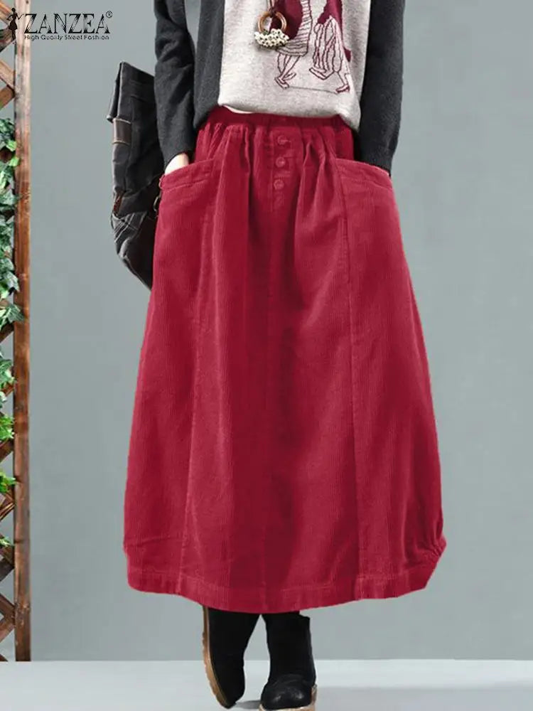 Women Corduroy Skirts Casual Elastic Waist Long Skirt Female Faldas Saia Autumn Vintage Solid Jupe Vestidos Oversize