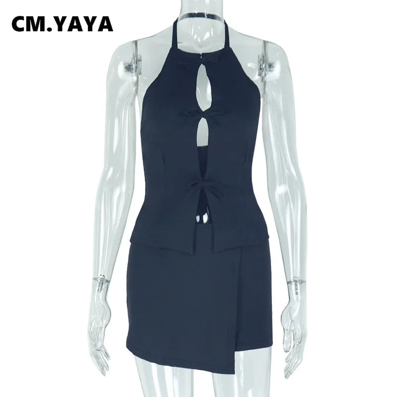 CM.YAYA 2025 Summer Women's Set Sleeveless Hollow Out Top+ Skirts Shorts Cute Street Two 2 Piece Sets Street Outfits Tracksuit