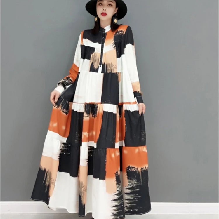 SHENGPALAE 2024 Autumn Fashion Tide Dress For Women Stand-up Collar Long Sleeve Printing Elegant Loose Fit Female Robe 5AE209