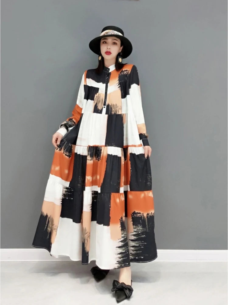 SHENGPALAE 2024 Autumn Fashion Tide Dress For Women Stand-up Collar Long Sleeve Printing Elegant Loose Fit Female Robe 5AE209