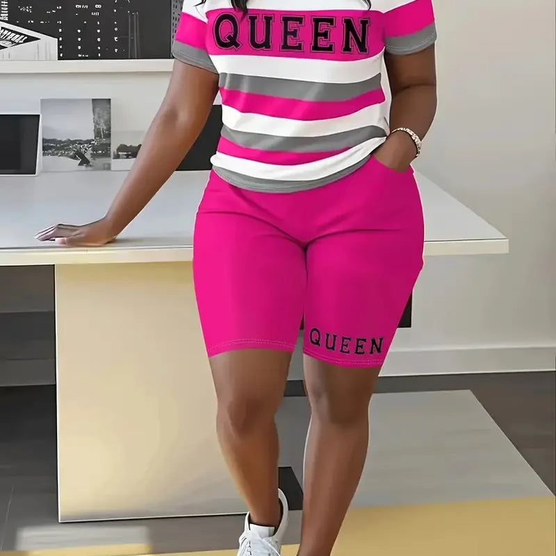 Plus Size Summer Outfits Biker Shorts Set Crew Neck Short Sleeve Positioning Printing Queen Plus Size 2 Piece Set Women
