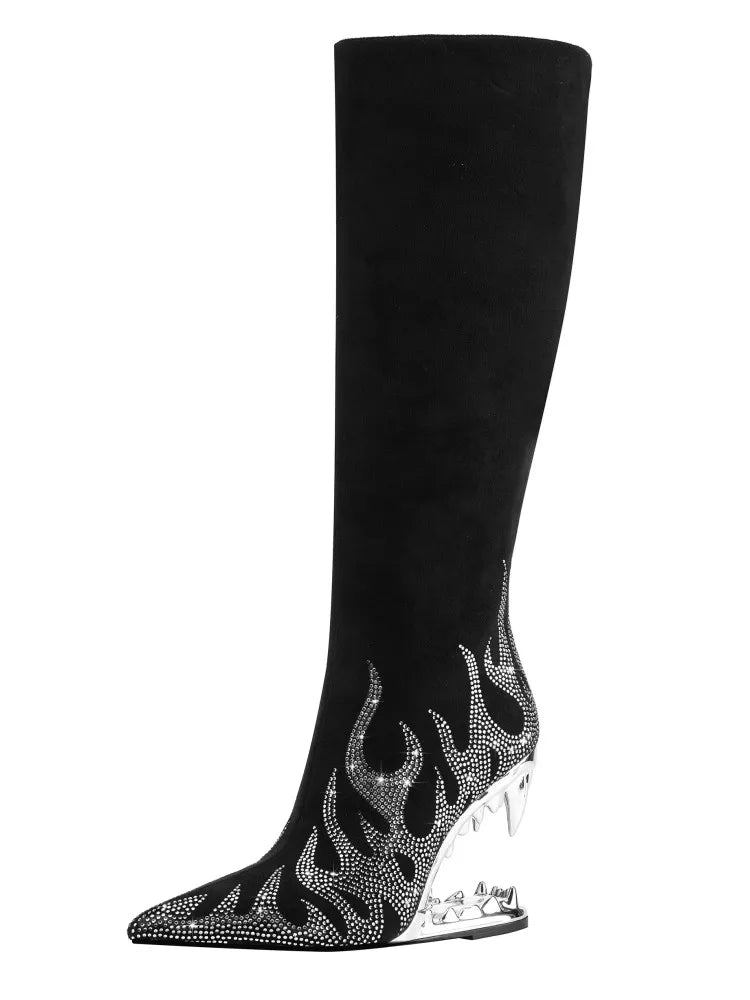 Women's Autumn and Winter New Water Diamond Knee Long Boots Pointed Side Zipper Tiger Teeth High Heels Banquet Party Boots Silver Long Style