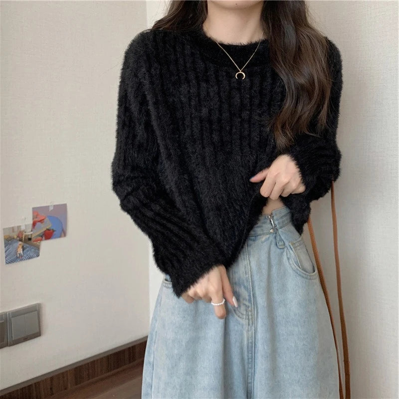 Fuzzy Mohair Sweater for Women Fluffy Long Sleeve Crew Neck Rib Knitted Pullover Plain Jumper Soft Girl Autumn Winter Outfit black One Size