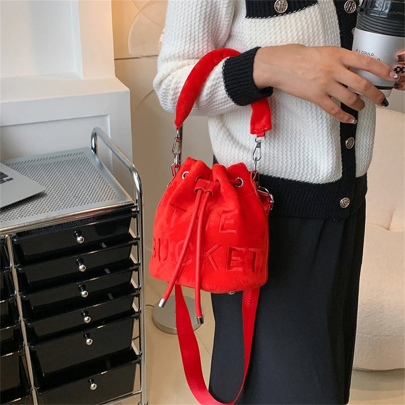 Winter Velvet Bucket Bags for Women Fashion Purses and Handbags Designer Crossbody Bag Luxury Shoulder Bag New Satchel Lady Bag