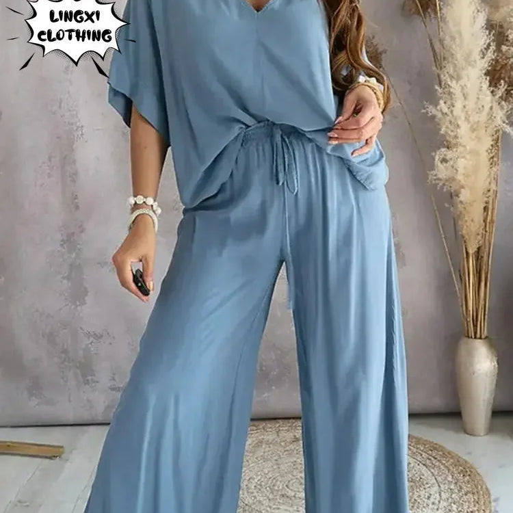 2024 Summer Fashion New Women's Elegant Loose High Waist Plus Size Set Off Back Elastic Waist Retro Women's Two Piece Set