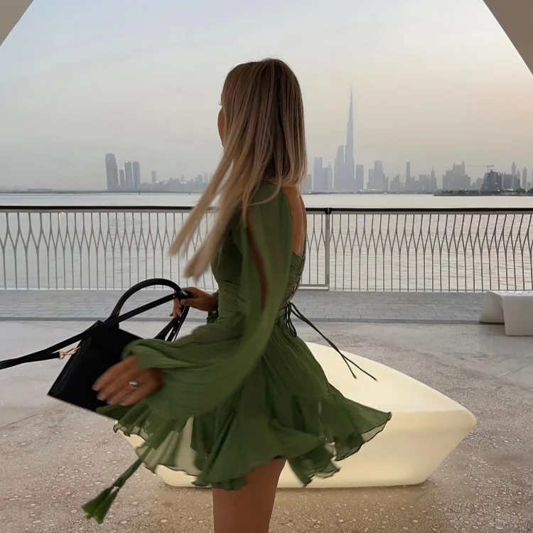Chiffon Green Ruffles Mini Dresses Women Elegant Long Sleeve A Line Beach Robe Fashion Lady Ruffles Holiday Summer Party Vestido