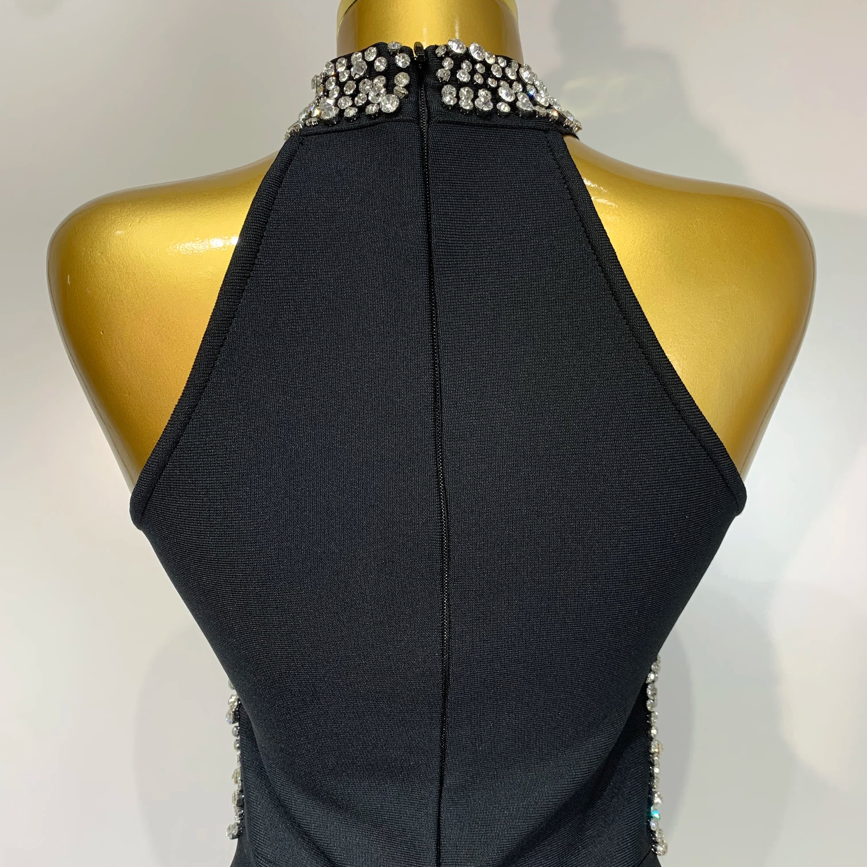 Women Sexy Rhinestone Black Sleeveless Mesh Patchwork New Arrival Stretch Bodycon Bandage Party Dresses Elegant Birthday Dress