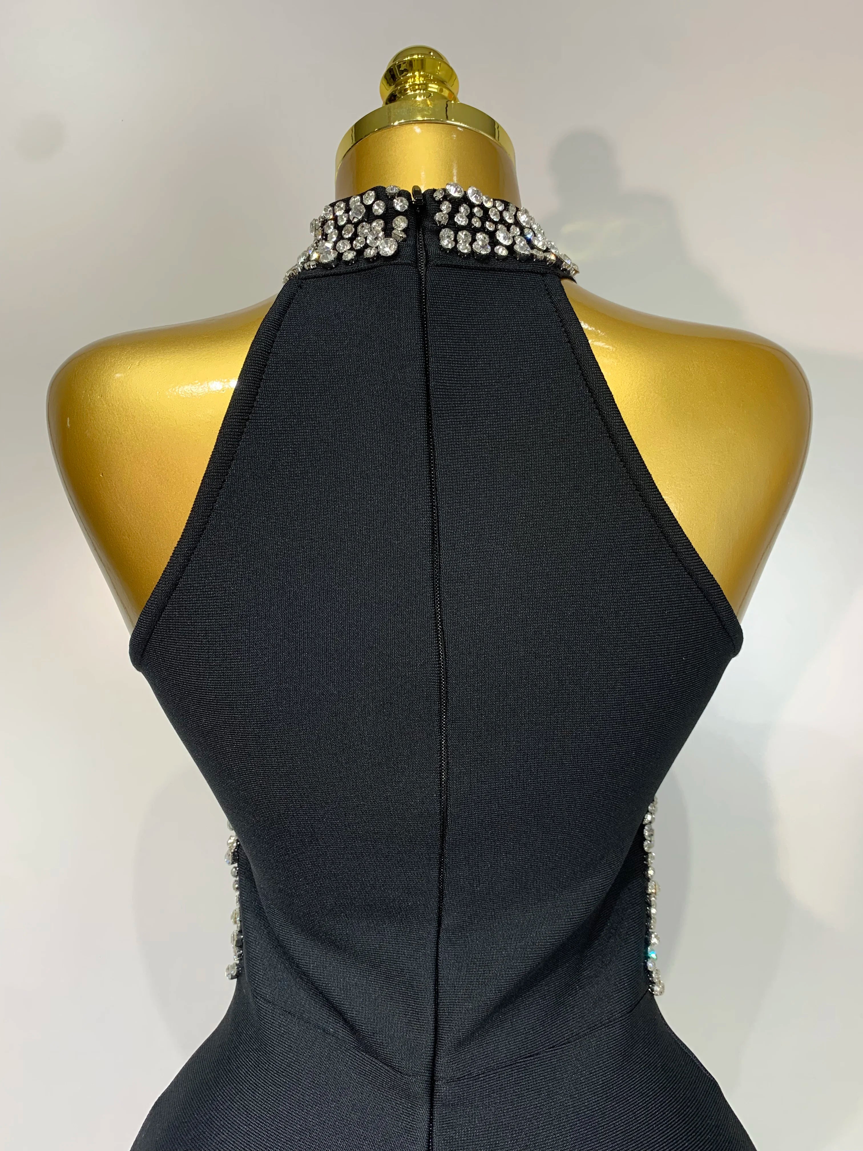 Women Sexy Rhinestone Black Sleeveless Mesh Patchwork New Arrival Stretch Bodycon Bandage Party Dresses Elegant Birthday Dress