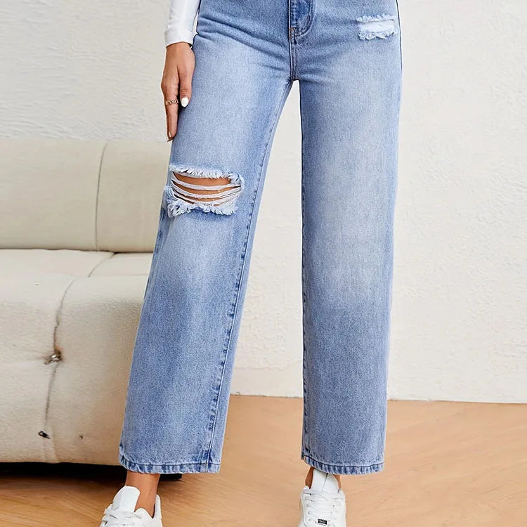 Denimcolab Women's Loose High Waist Jeans Cotton Denim With Holes Straight Leg Pants Ladies Casual Simple Solid Denim Trousers