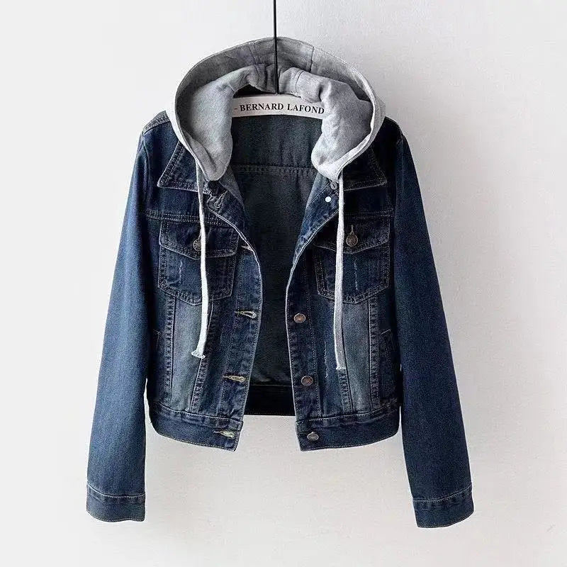 Denim Jacket Woman Hooded Short Style Clothing Retro Topcoat Pocket Buttons Long Sleeved Warm Tops Loose Fitting Autumn Winter Dark Blue