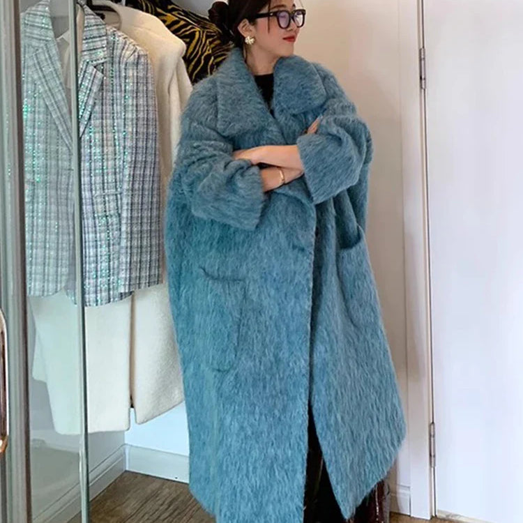 Winter Long Blue Fluffy Oversized Warm Wool & blends Coat for Women Single Button Pockets Luxury Clothes Woolen Overcoat