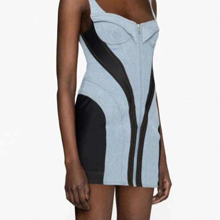 DEAT Streetwear Patchwork Contrast Color Denim Dress For Women Sleeveless Zipper Short Dresses Summer Female New 11XX4973