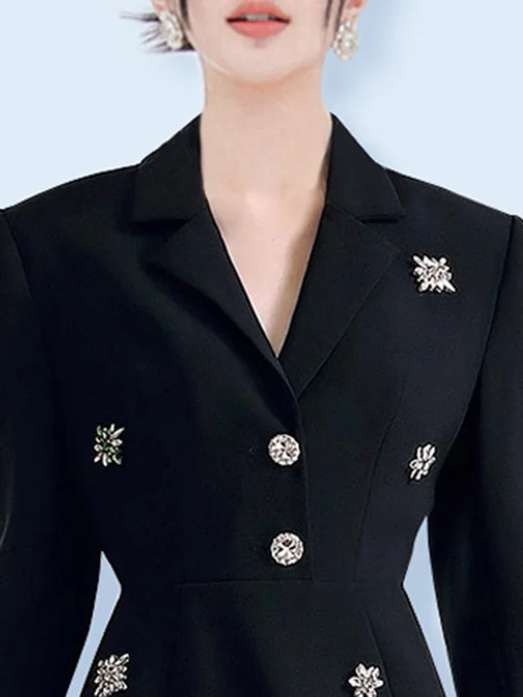 TWOTWINSTYLE Colorblock Patchwork Diamonds Elegant Dresses For Women V Neck Long Sleeve High Waist Spliced Organza Dress Female